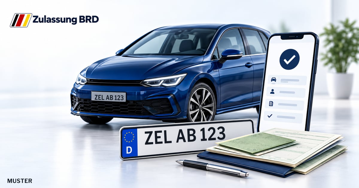 Online Fahrzeugzulassung in Zell (Mosel): Musterkennzeichen ZEL AB 123, Auto und Fahrzeugpapiere und Smartphone. Illustration mit Logo von Zulassung BRD.